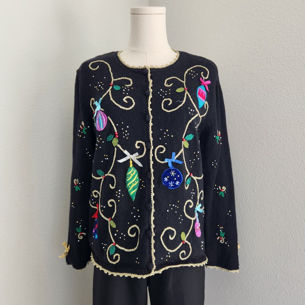 Vintage Studio Joy Black Holiday Christmas Knit Cardigan Sweater Ornaments S - Picture 2 of 10